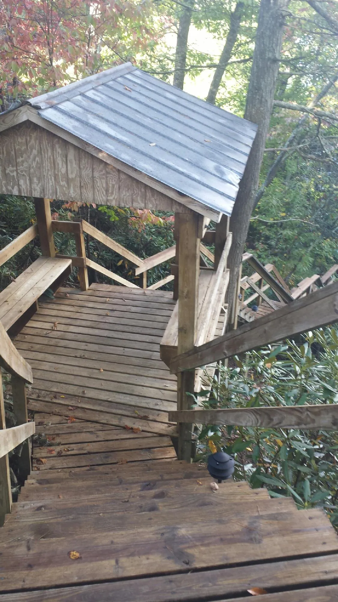 Metal roofed shelter over wooden steps on a wooded walkway — Skylight Repair & Installation work by our crew in Bentley